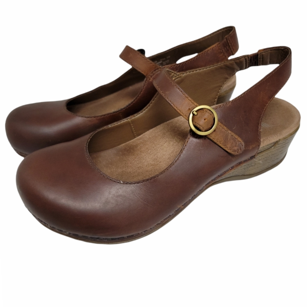 Dansko Brown Leather Mary Jane Slingback Clogs with Gold Buckle